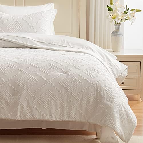 EMME Twin White Boho Comforter Set Bed in A Bag 5 Piece, Microfiber Shabby Chic Tufted Bedding Comforter with Sheets, Ultra Soft Comfortable Boho Bedding Set for All Season (Twin/Twin XL, White)