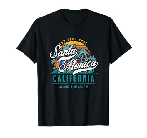 T-shirt retro Santa Monica Califórnia Sun Sand Surf Beach Palm Trees, Preto, S