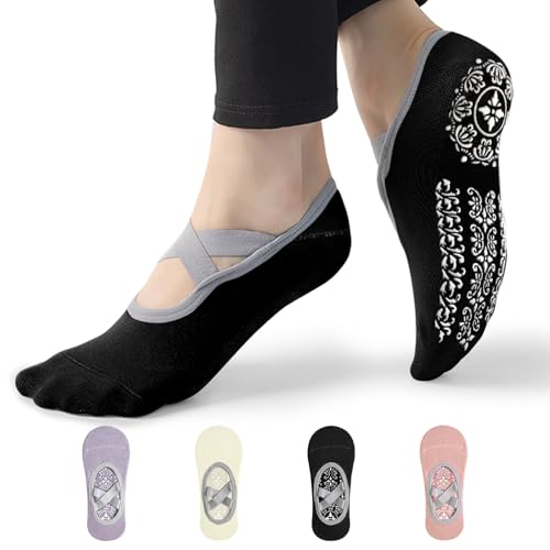 Yoga Sock Pilate Socks, 4 Pairs Non-Slip Grip Socks for Women, Perfect for US 7-10