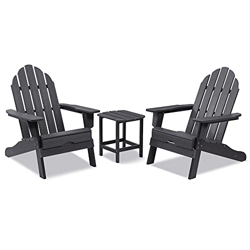 LZRS 3-Piece Adirondack Chair and Table Set, Ergonomic Design, Polyethylene Outdoor Patio Chair with Side Table Easy Maintenance & Weather Resistant for Backyard, Garden,Pool,Deck,Grey