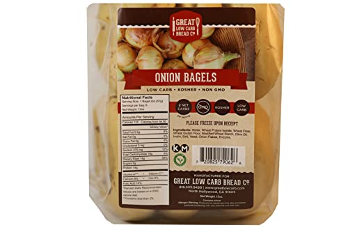 Great Low Carb Onion Bagels| Vegan Friendly| Kosher| Served Fresh |Non GMO |Low carb diet | Perfect for breakfast 12oz bag of 6