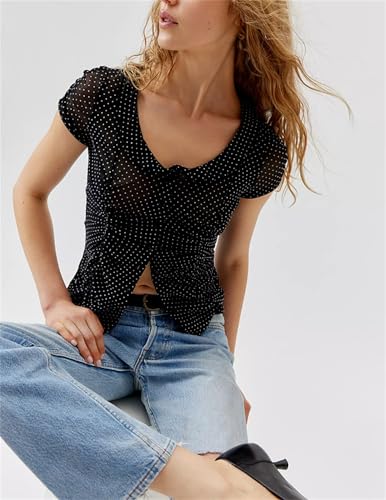 Image of Y2k Girls Vintage Coquette Button Down Shirt Women Short Sleeve V-Neck Slim Fitted T-Shirt Cute Blouse Crop Top