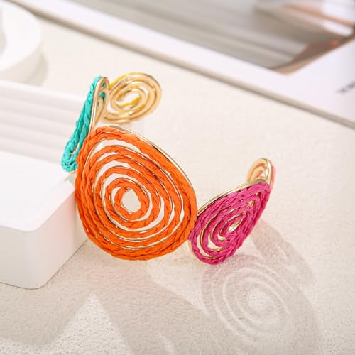 Raffia Spiral Cuff Bracelet for Women, Colorful Swirl Bangle Chunky Bangle Handmade Rattan Statement Bracelet4
