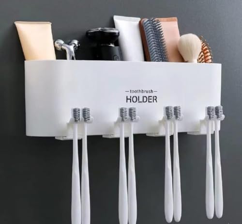 Image of Wall Mounted Tooth Brush Holder for Bathroom with 4 Mouthwash Cups | Bathroom Toothbrush Organizer | Multi-Compartment, Dustproof & BPA-Free Brush Holder for Bathroom Storage (4 Cups)