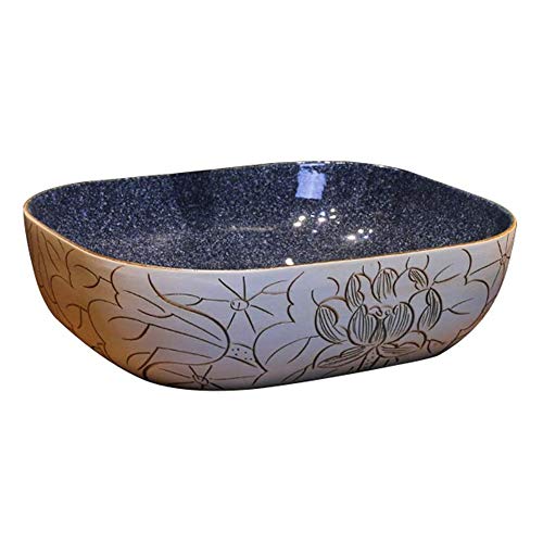 SAeWare Fregadero rectangular para el baño sobre la encimera de porcelana y cerámica, diseño retro de loto chino, encimera cuadrada para el hogar