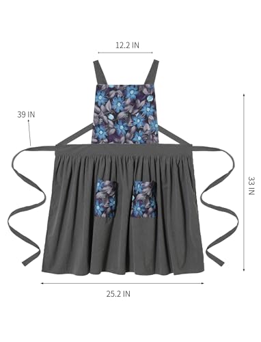 Pinknoke Vintage Pinafore Apron Dress for Women with Pockets Cute Floral Chef Aprons for Kitchen Cooking Baking Gardening (Gray)