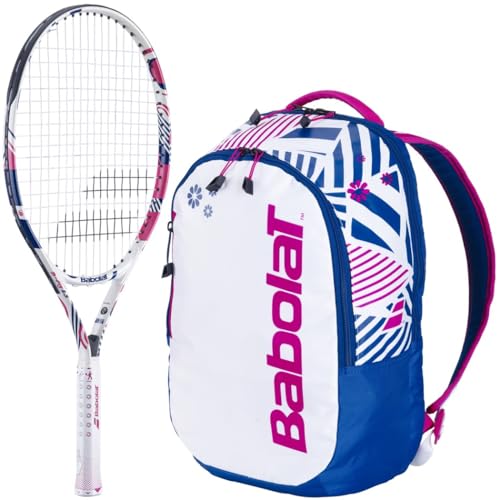 Babolat B'Fly 23 Inch Jr Tennis Racquet Bundled w a Tennis Backpack (White/Blue/Pink)