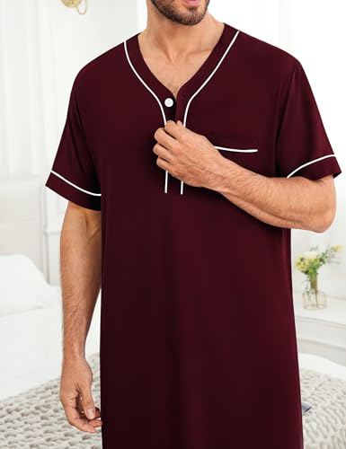 Image of SWOMOG Mens Nightgown Short Sleeve Lounge, Sleep Henley Shirt Pajama Big & Tall Nightshirt Comfy Nightwear M-3XL