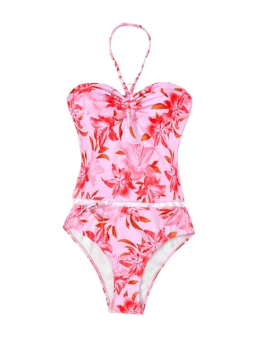 Girl's 2 Piece Floral Swimsuits Halter Ruched High Waisted Summer Vacation Bathing Suits