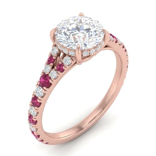 Image of Choose Your Gemstone Round Split Halo Pave Diamond CZ Ring Rose Gold Plated Round Shape Halo Engagement Rings Matching Jewelry Wedding Jewelry Easy to Wear Gifts US Size 4 to 12