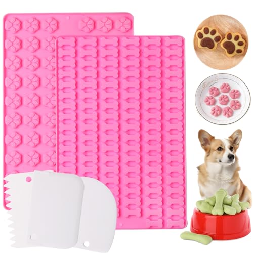 2 Pcs Mini Silicone Dog Treat Moulds Paw Bone Shaped Reusable Ice Cube Trays Making Kit for Baking Chocolate Jelly Cake Biscuit Candy Gummy Cookie Soap Molds DIY with 3 Dough Scrapers