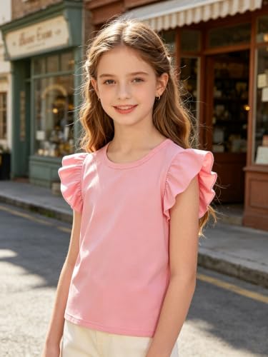 Image of Girls 4 Packs Tees Ruffle Short Sleeve T-Shirt Ribbed Knit Casual Summer Tunic Tops 4-12 Years
