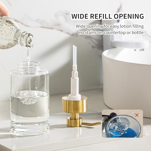 Image of Enra Glass Soap Dispenser, Clear Bottle Gold Pump Liquid Hand Soap | 12oz Clear Thick Glass Bottle With Stainless Steel Pump. Refillable Design Creates A Stylish Accent for Kitchens