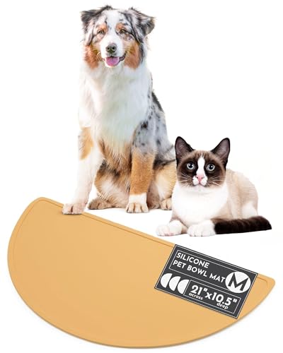 Should We Go - Waterproof Silicone Pet Food Mat - Non-Slip, Spill-Proof Feeding Mat for Floors, Raised Edge Design, Easy-to-Clean Rubber Pad for Dog & Cat Bowls, 21" Across x 10.5" Deep, Medium-Honey