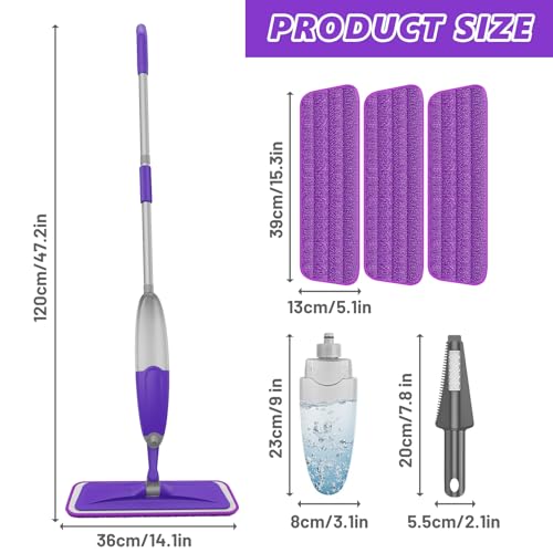 HOMTOYOU Spray Mops for Floor Cleaning: Wet Mop for Hardwood Tile Wood Laminate Vinyl - 3 Washable Microfiber Pads for Swiffer Powermop - Absorbs Pet Hair Dust - Image 3