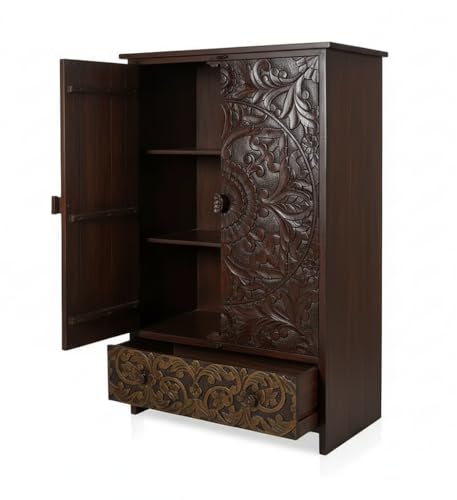 Image of APRODZ Wooden Wardrobe for Bedroom | Scolpito 2 Door Mango Wood Wardrobe with 1 Drawer | Space Saving Wardrobe for Storage, Clothes Cupboard & Wooden Almirah for Bedroom,(Mahogany + Green Brown Finish