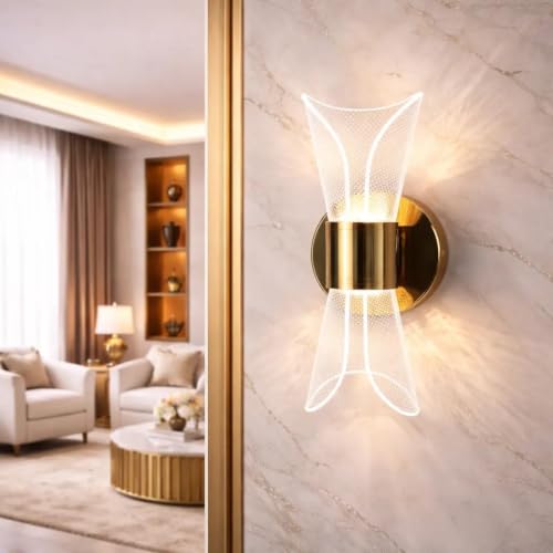 Image of fizzytech Crystal Aura LED Wall Light, Gold Finish Decorative Wall Lamp with 3 Colour Changing Modes for Living Room, Bedroom, Hallway & Home Decor, Pack of 2