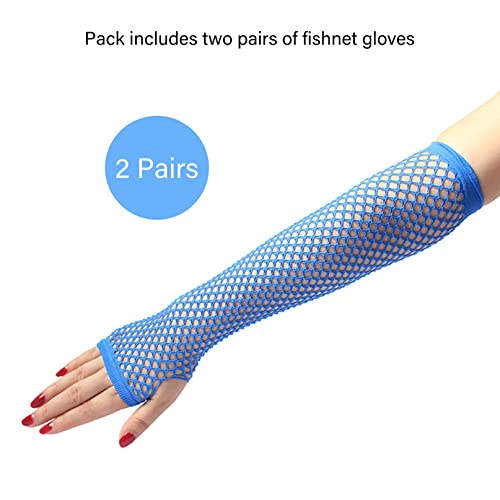 COSFAN 2 works Fishnet Gloves Women Fingerless Long Gloves Elastic Mesh Glove 1920s Hollow Gloves for Evening Party Halloween (Blue) - Image 2