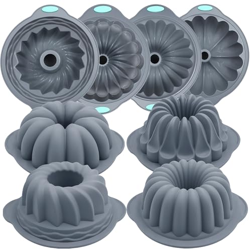 Tongjude 4 Pieces Silicone Fluted Tube Cake Pans 7 Cups Tube Baking Pan Jello Mold Silicone Molds for Homemade Cake Bread and Jello Non-Stick Grey