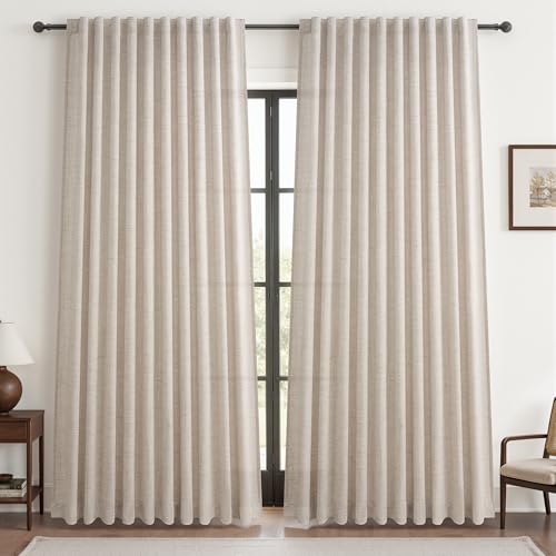 Natural Linen 70 Inches Extra Wide Sheer Curtains Pleated Living Room 84 Inches Long, Neutral Textured Light Filtering Privacy Sliding Door Thick Drapes for Large Window (70"Wx84"Lx2 Panels,Tiebacks) by QJmydeco - Used condition - CA$67.91