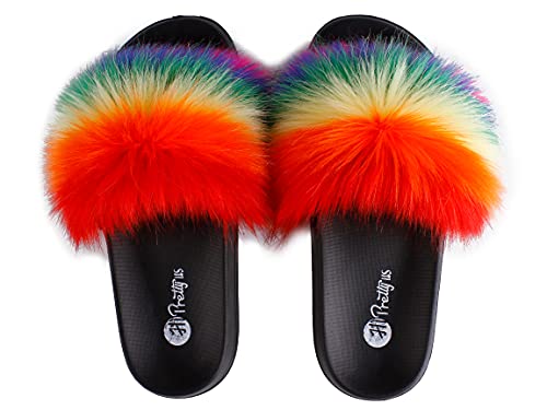 Image of Women's Faux Fur Slides, Open Toe Cute Fur Slippers, Indoor or Outdoor Comfortable Furry Slide Sandals With Fluffy Fur