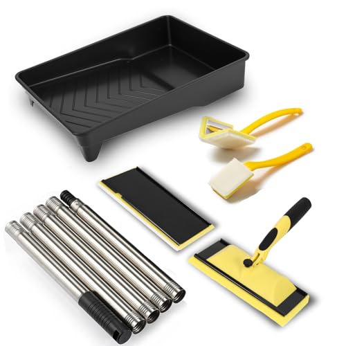 Paint Pads for Walls and Ceilings,Paint Pad with 1.2m Extension Pole and 2pcs Replacement, Paint Pad Set with 9inch Paint Tray,Paint Edger Tool and Triangular Brush for Wall Painting, Wood Decks, Et