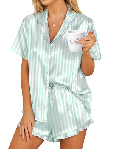 Image of HOTOUCH Womens Satin Pajamas Set Button Down 2 Piece Silk Pjs Shorts Set Ruffle Lingerie Notch Collar Sleepwear