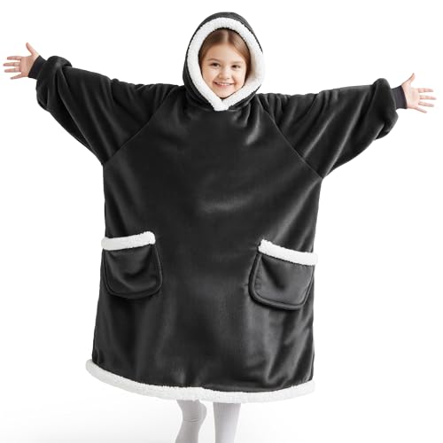 Bedsure Blanket Hoodie, Wearable Blanket for Adults & Kids as Gifts for Women Men, Birthday Gifts for Women Mom Girl Sherpa Oversized Hoodie, Grey Black, Kids