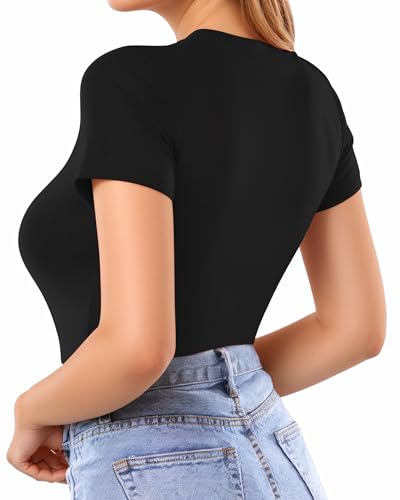 mangopop women39s round neck short sleeve bodysuit t shirts basic body suit tops