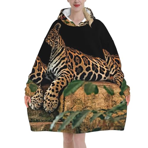 Couverture à capuche léopard en flanelle épaisse avec manches et poche