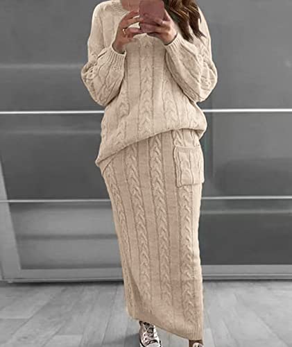 Image of Sexyshine Women's Cable Knit Long Skirt 2 Piece Outfit Chunky Oversized Pullover Sweater Top and Long Pencil Skirt Sets