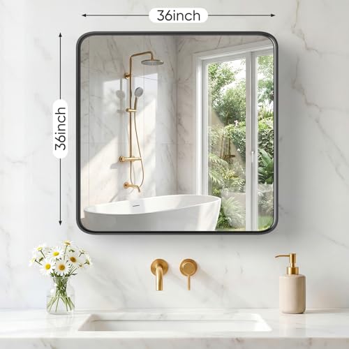 Image of Sweetcrispy Bathroom Mirror 36x36 Inch Metal Framed Rounded Rectangle Vanity Mirror for Wall, Over Sink, Farmhouse, Restroom, Anti-Rust, Modern Decorative, Horizontal or Vertical Hanging, Black