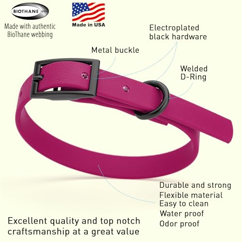 Image of Dogline Biothane Waterproof Dog Collar Strong Coated Nylon Webbing with Black Hardware Odor- Proof for Easy Care Easy to Clean High Performance Fits Small Medium or Large Dogs, Magenta Pink