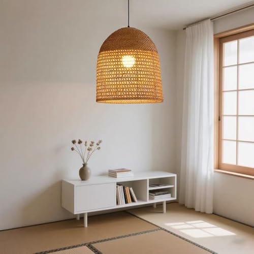 Suspension rotin tressé 35 cm style ferme rétro pour îlot de cuisine