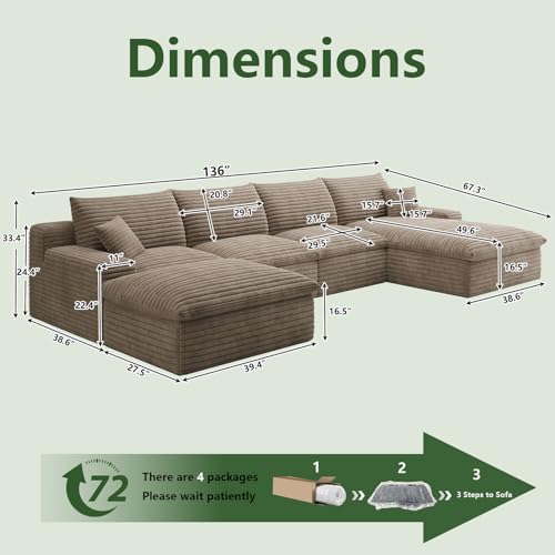 Image of 136 inch Cloud Couch Modular Sectional Sofa for Living Room, U-Shape Boneless Couch with Deep Seat, Modern Corduroy 4-Seater with Ottoman, No Assembly Required (Camel,Right-Facing Chaise)