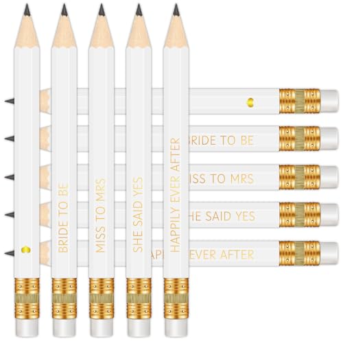 Vusnud 50Pcs - Bridal Shower Sharpened Half Pencils with Erasers Pre-sharpened Pencils for Bridal Shower & Wedding Games 4 Inches (White - Happily Ever After)