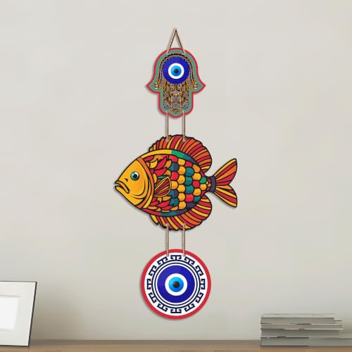 Image of Artvibes Multicolor Fish Wall Hanging for Home Entrance | Evil Eye Protection MDF Wall Decor | Lucky Fish Vastu Decorative Art for Living Room | Bedroom & Main Door | Positive Energy Gift (WH 8536N)