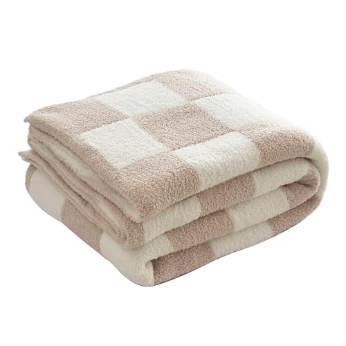 Image of Ultra Soft Cozy Checkered Knitted Throw Blanket Fluffy Microfiber Checkerboard Bed Blanket Lightweight Both Sides Blanket for Couch Sofa Bed (Cream, Throw 50“x60”)