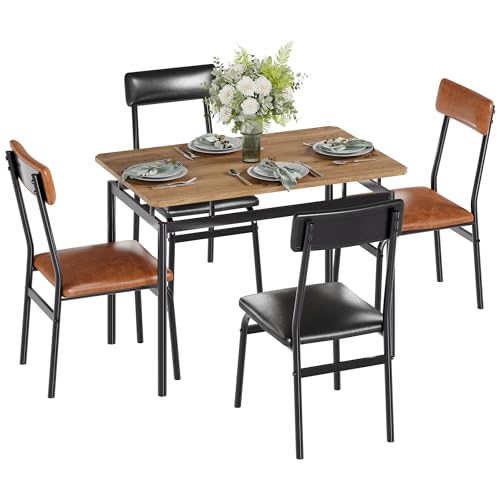 Garvee Dining Table Set for 4, 5 Piece Wooden Dining Table and Chairs, 4 PU Upholstered Chair, Modern Metal Frame Dinette Set for Dining Room, Home Dinner, Party, Apartment, Brown + Black