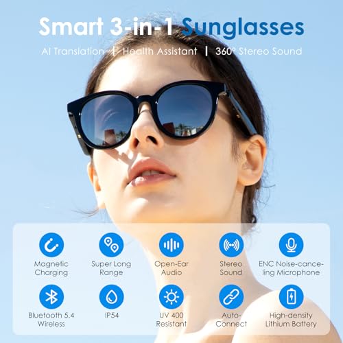 GetD Smart Sunglasses, Round Polarized Lens Bluetooth Glasses for Women and Men with Speaker, Music Glasses AI Translator, 11H Battery Life, Voice... - Image 2