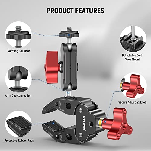 Neewer Super Clamp With Dual Ballhead Magic Arm, Cold Shoe Mount, 1/4" 3/8" Threads Compatible With Smallrig Accessories, Light Clamp Camera Clamp Max Load 2.2Kg Compatible With Gopro Insta360, Ua023 #TOP4