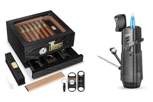 Tesonway Cigar Humidor and Cigar Lighter, Cedar Wood Humidor Cigar Box, Windproof Refillable Butane Torch Lighter, Multifunctional Cigar Accessories, Butane Not Included