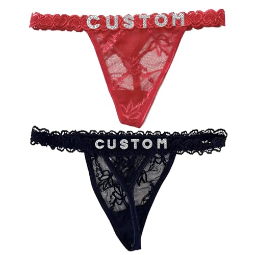 2-Pack Personalized Thongs with Names, Custom Lace Underwear Panties with Rhinestone Shiny Letter Name for Women & Girlfriend