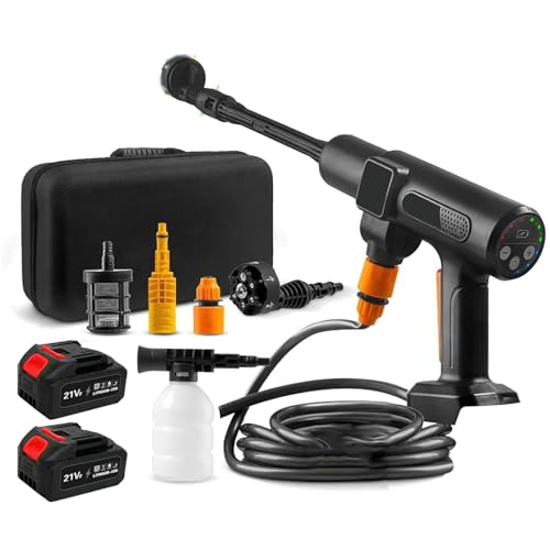 Limpiador de alta presión, inalámbrico, 200 bares, limpiador de alta presión con 2 baterías, boquilla 6 en 1, manguera de 5 m, pantalla LCD, pistola de alta presión, portátil, para coche, terraza