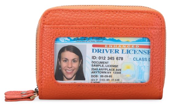 Ladies' Wallet Barrier Leather Small Double Fold Zipper Pocket Wallet Compact Card Set with ID Window Bag (Orange)