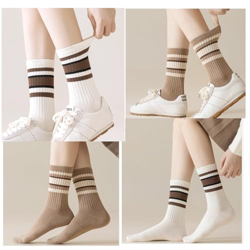 Image of Deeorla Womens Striped Crew Socks Brown Vintage Retro Athletic Socks 5 Pairs