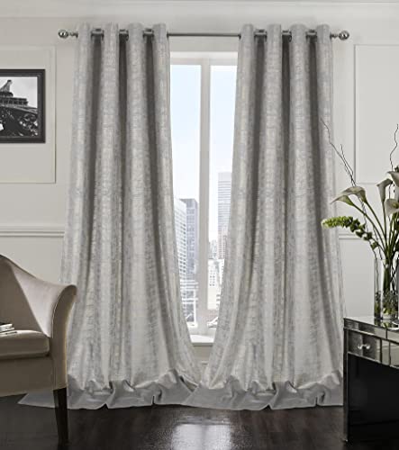 always4u Silver Soft Velvet Curtains 120 Inch Length Long Luxury Bedroom Curtains Silver Foil Print Window Curtains for Living Room Bedroom Set of 2