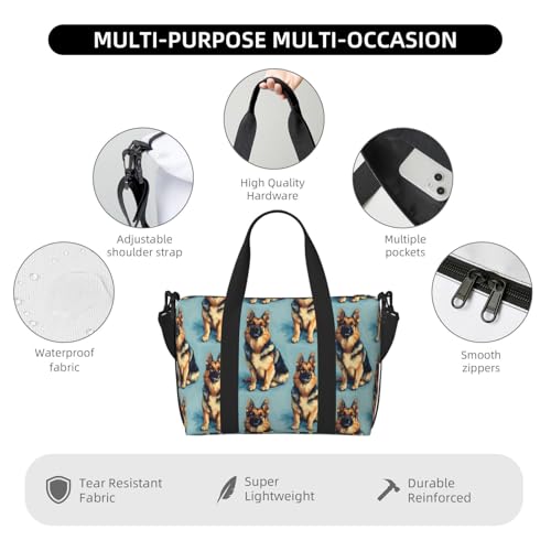 German Shepherd Dog Print Travel Duffle Bags for Women, Personal Item Overnight Weekender Sport Carry On Gym Bag for Men Women3