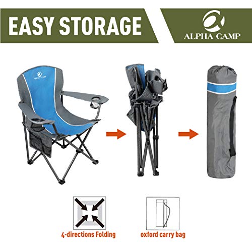 Alpha Camp Oversized Camping Folding Chair Heavy Duty Steel Frame Support 350 Lbs Collapsible Arm Chair With Cup Holder Quad Lumbar Back Chair Portable For Outdoor/Indoor #TOP5