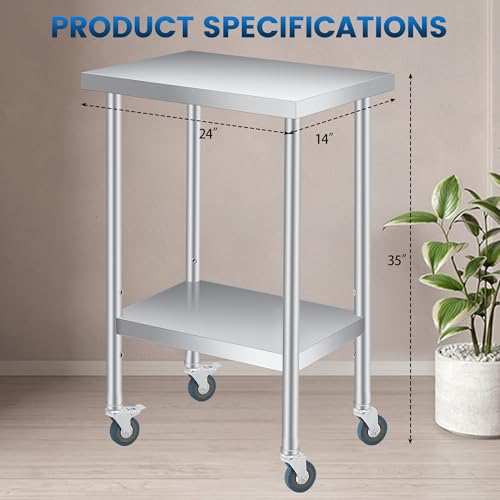 Stainless Steel Table, 14" x 24" Prep Workstation, 1000 LBS, NSF Commercial Work Table with Adjustable Undershelf and Lockable Casters, for Restaurant, Home, Kitchen, Hotel, Outdoor